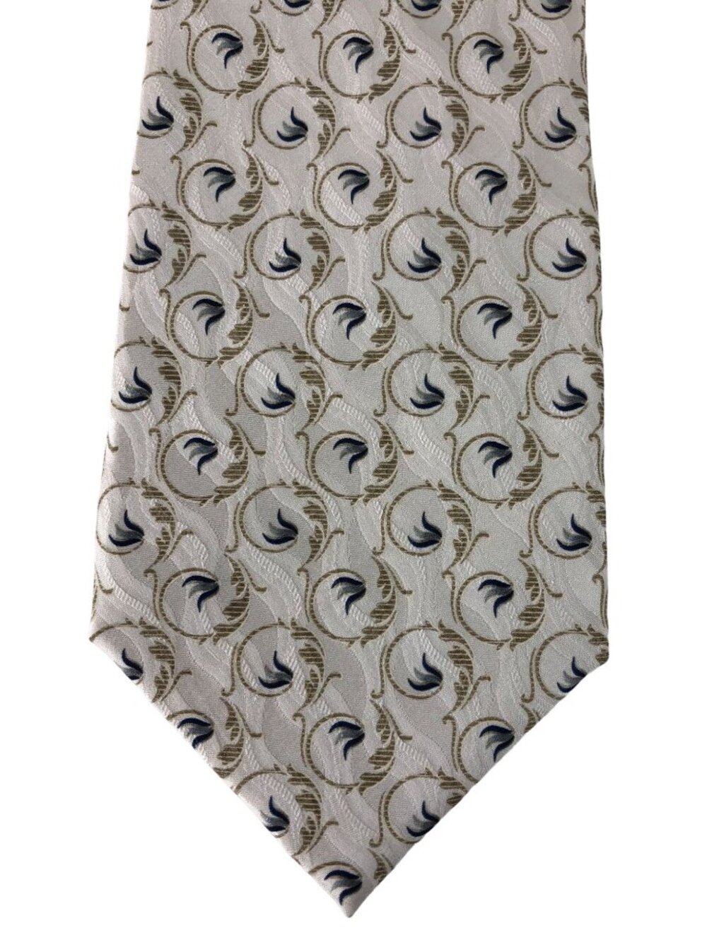 Bill Blass 100% Silk Mens Tie Necktie Cream Tan Blue Scrollwork